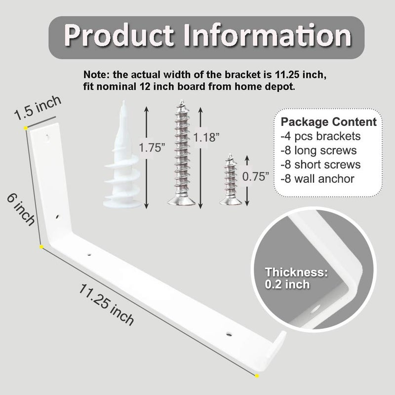 WINKER Shelf Brackets 12 Inch 4PCS Heavy Duty White Wall Bracket with Lip for Floating Shelves Rustic Iron Metal Shelf Bracket for DIY Open Shelving Hardware Included - Image 2